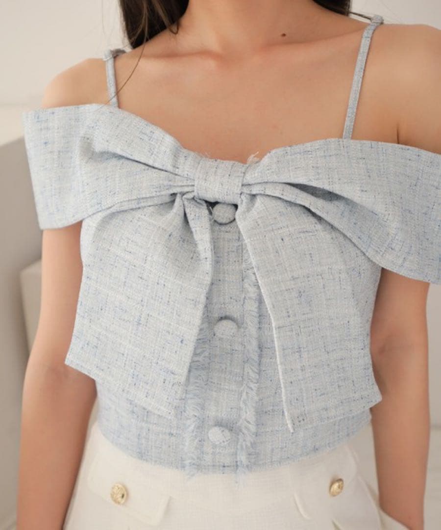 ツイードリボンオフショルトップス ブルー