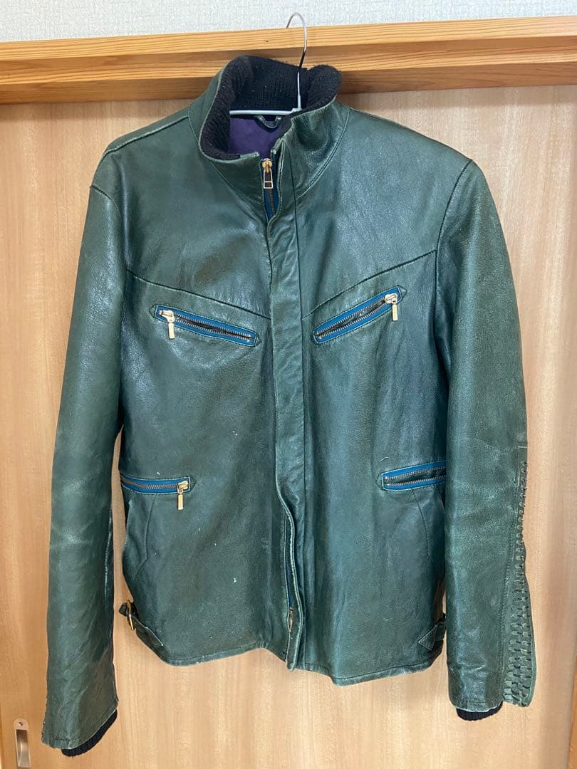 アバハウス　ダークグリーン レザー シングルライダースジャケット　Y2K