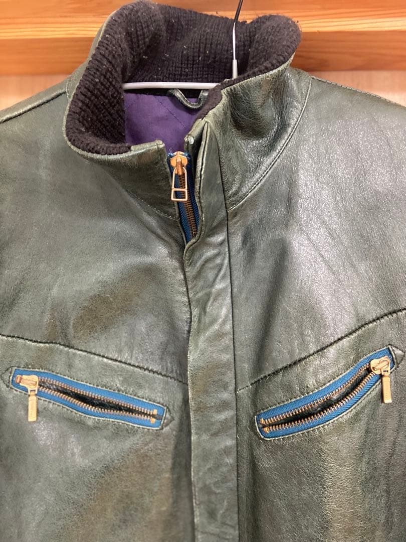 アバハウス　ダークグリーン レザー シングルライダースジャケット　Y2K