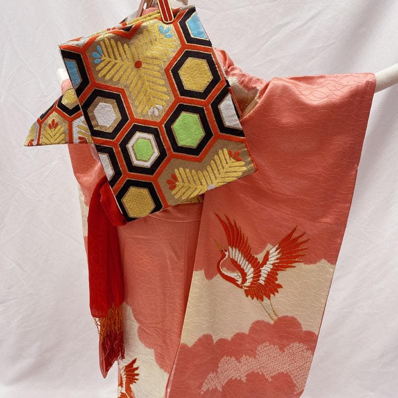 411ag14◎七五三 七歳 女児 着物&丸帯 部分絞り 金駒刺繍 金銀彩◎