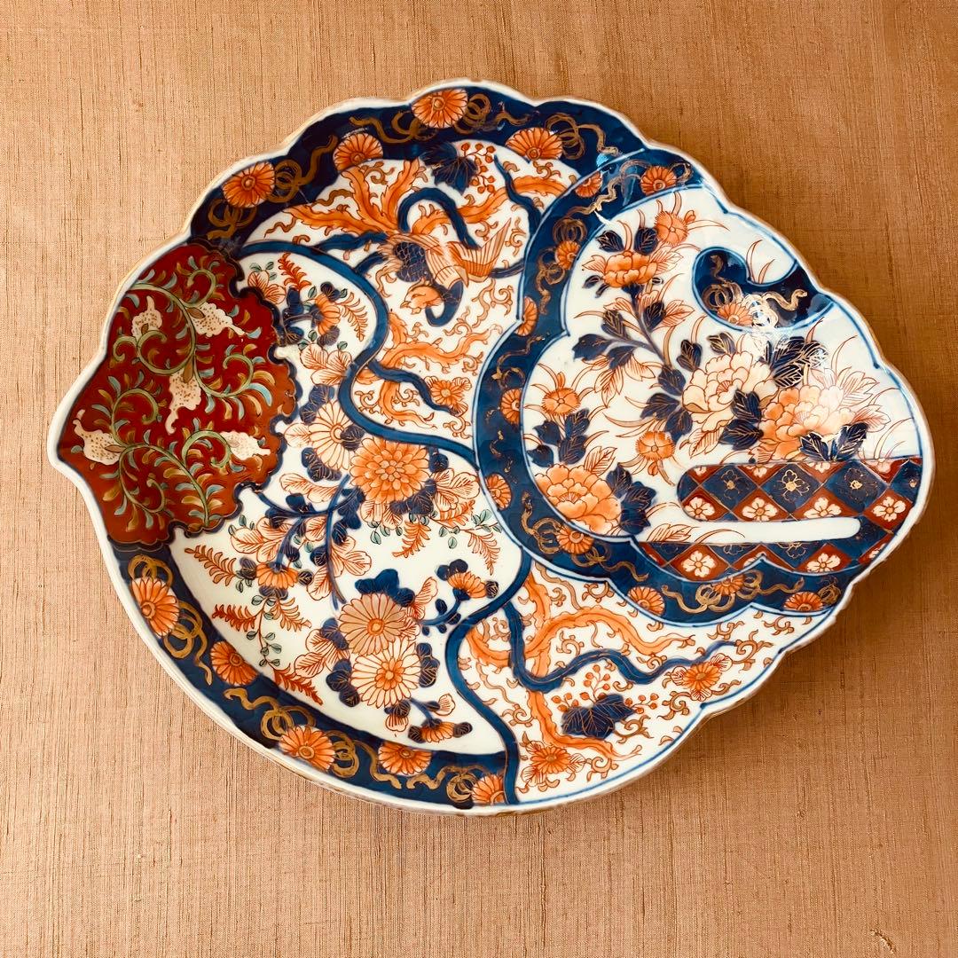 オールド香蘭社　色絵鮑型草花鳳凰図皿　明治　手書き　① アンティーク　古伊万里