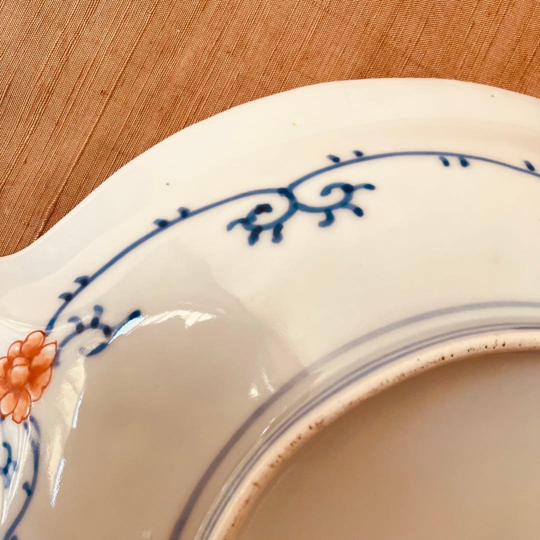 オールド香蘭社　色絵鮑型草花鳳凰図皿　明治　手書き　① アンティーク　古伊万里