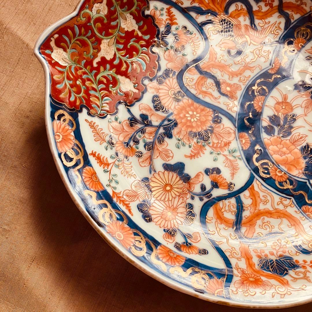 オールド香蘭社　色絵鮑型草花鳳凰図皿　明治　手書き　① アンティーク　古伊万里