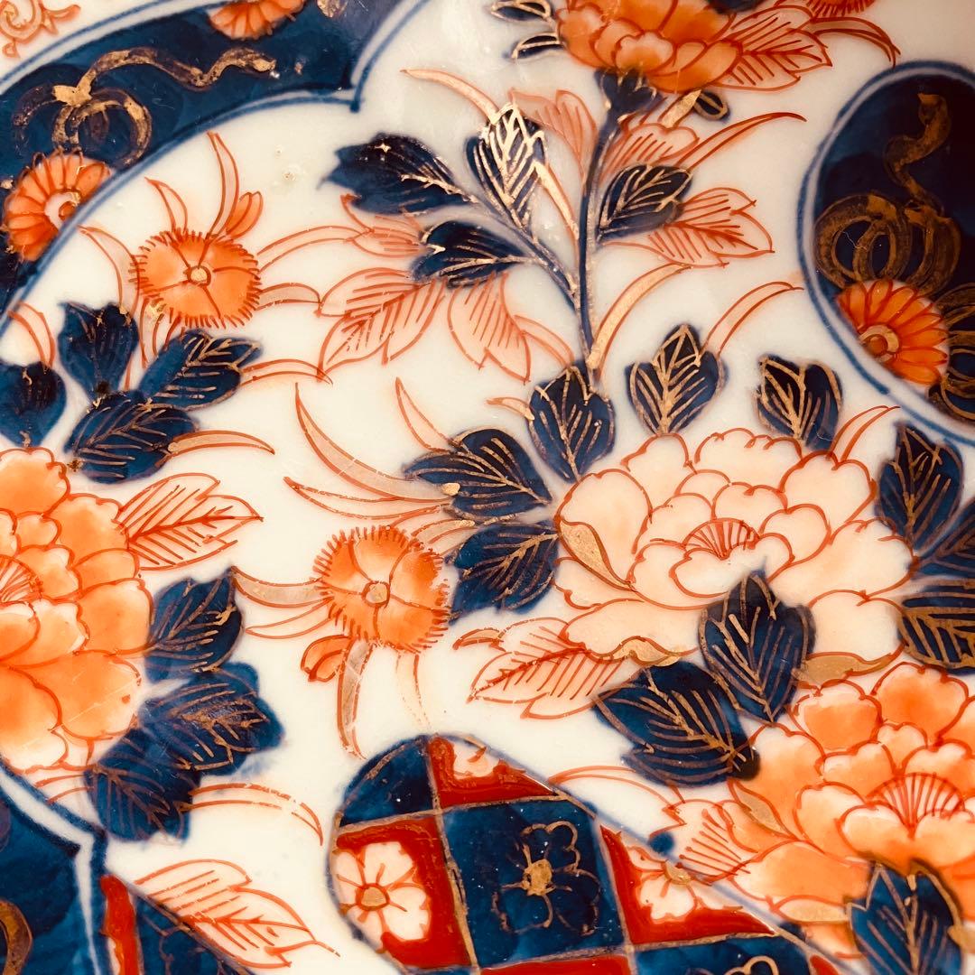 オールド香蘭社　色絵鮑型草花鳳凰図皿　明治　手書き　① アンティーク　古伊万里