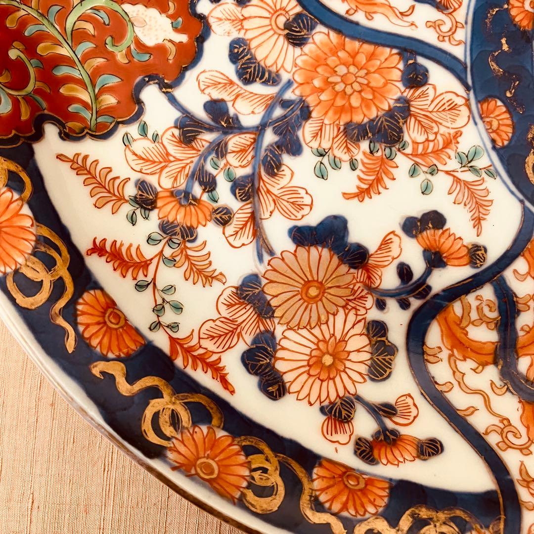 オールド香蘭社　色絵鮑型草花鳳凰図皿　明治　手書き　① アンティーク　古伊万里