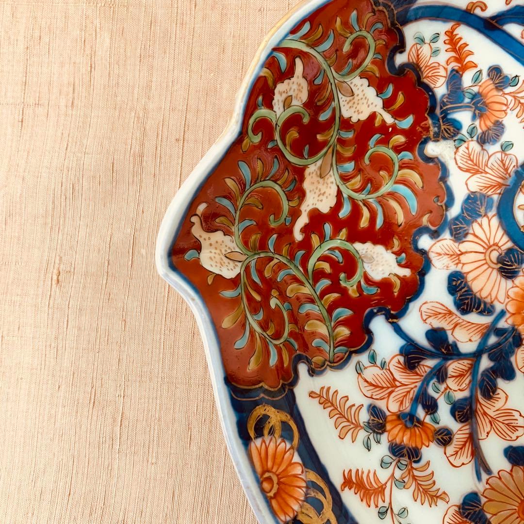 オールド香蘭社　色絵鮑型草花鳳凰図皿　明治　手書き　① アンティーク　古伊万里