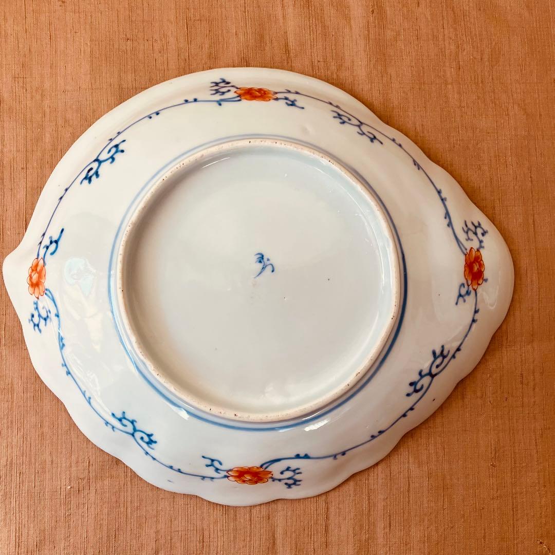 オールド香蘭社　色絵鮑型草花鳳凰図皿　明治　手書き　① アンティーク　古伊万里