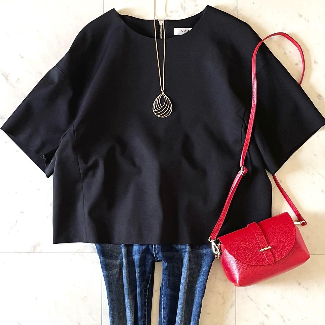 極美品♪ADORE アドーア クルーネック半袖プルオーバー 38 ブラック黒