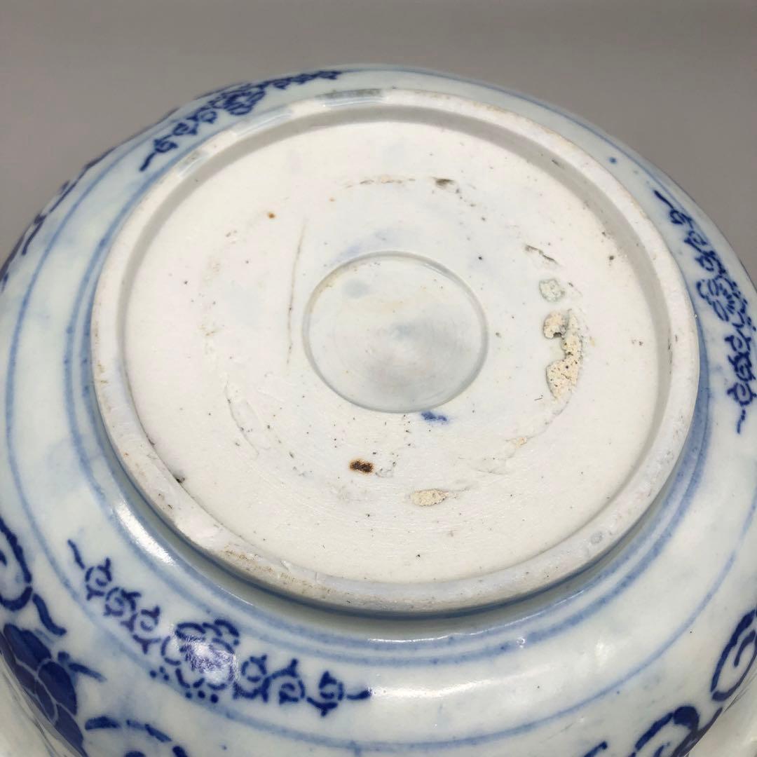 明治時代古伊万里ベロ藍蝶捻文印判手中押し鉢ボウル24cm伊万里焼骨董品