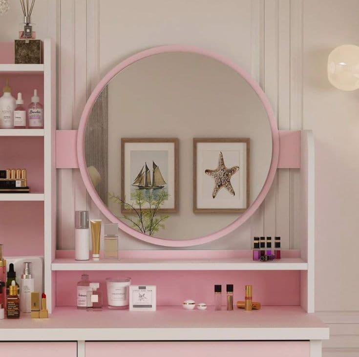 ピンク姫系ドレッサー 幅 80cm 円形ミラー 引き出し 5 杯 スツール付き