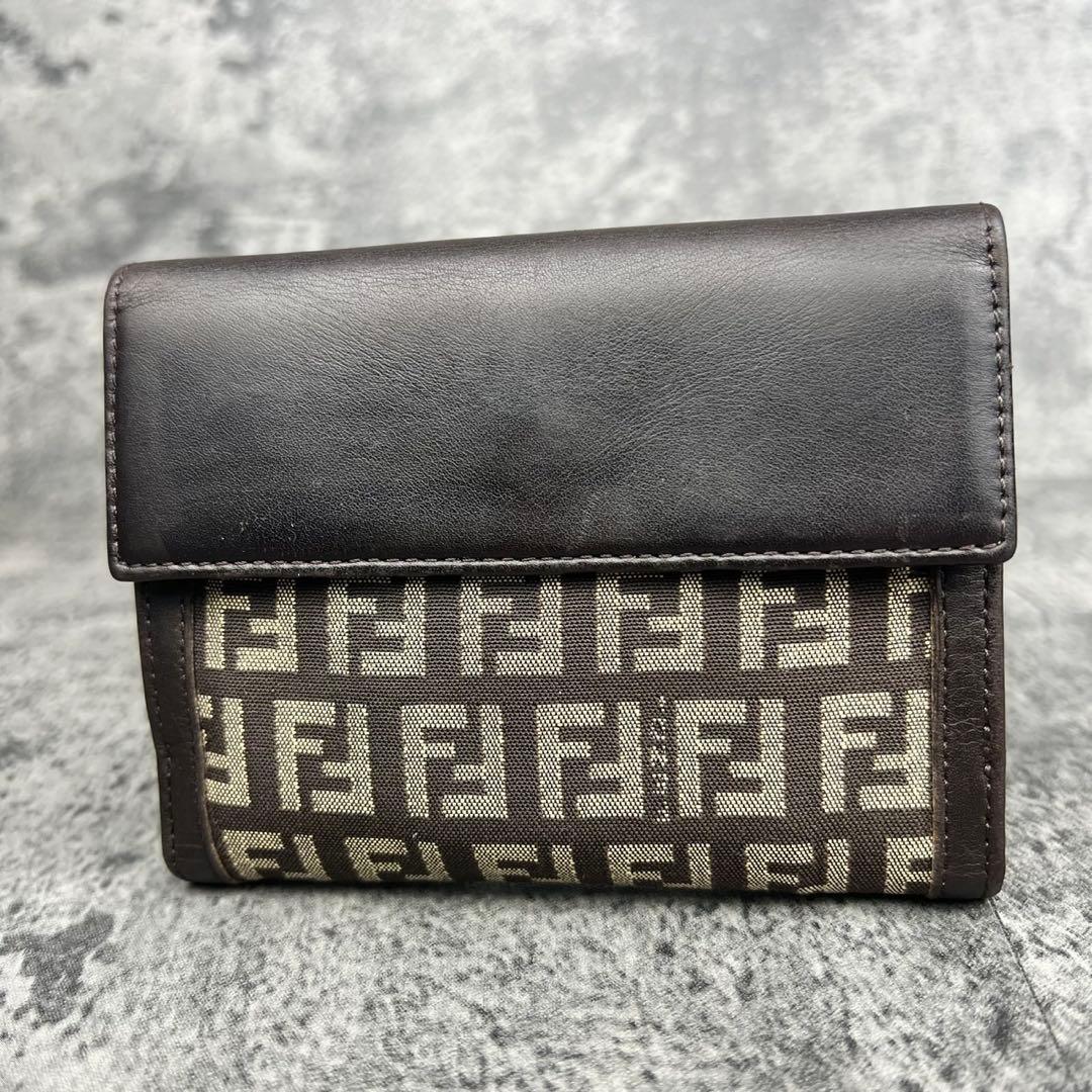 FENDI ズッカ柄 レザー×キャンバス 二つ折り財布 エフイズロゴ