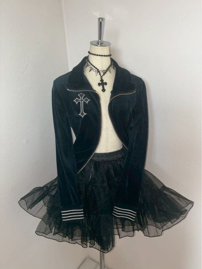 y2k ダークコア十字架銀刺繍　ベロアWジップゴシック平成　マクブリンククロス