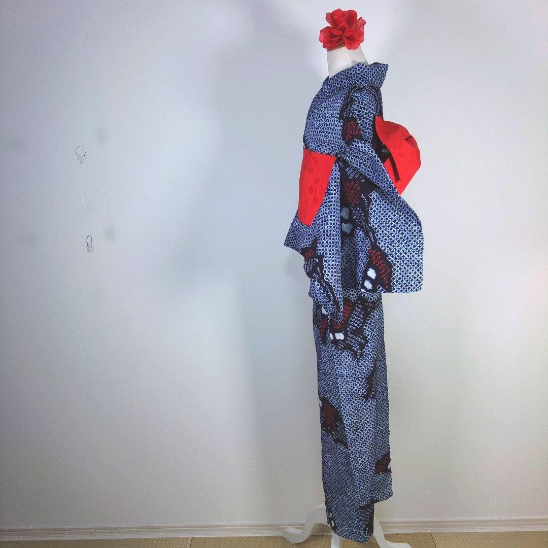 有松鳴海絞り　レトロ　浴衣　セット　140cm　女の子　作り帯　赤　髪飾り　巾着