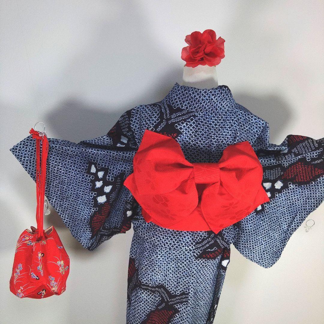 有松鳴海絞り　レトロ　浴衣　セット　140cm　女の子　作り帯　赤　髪飾り　巾着