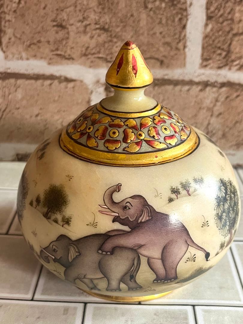 定価25,000円 手描き 象細密図 大理石 小物入 金彩仕上げ マハラジャ様式