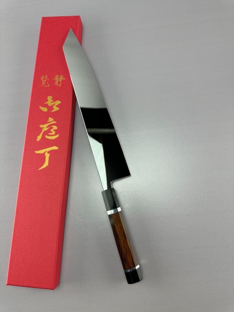 5632 完全ウルトラ鏡面 尺一 切付牛刀 スネークウッド黒水牛角二本銀巻八角柄