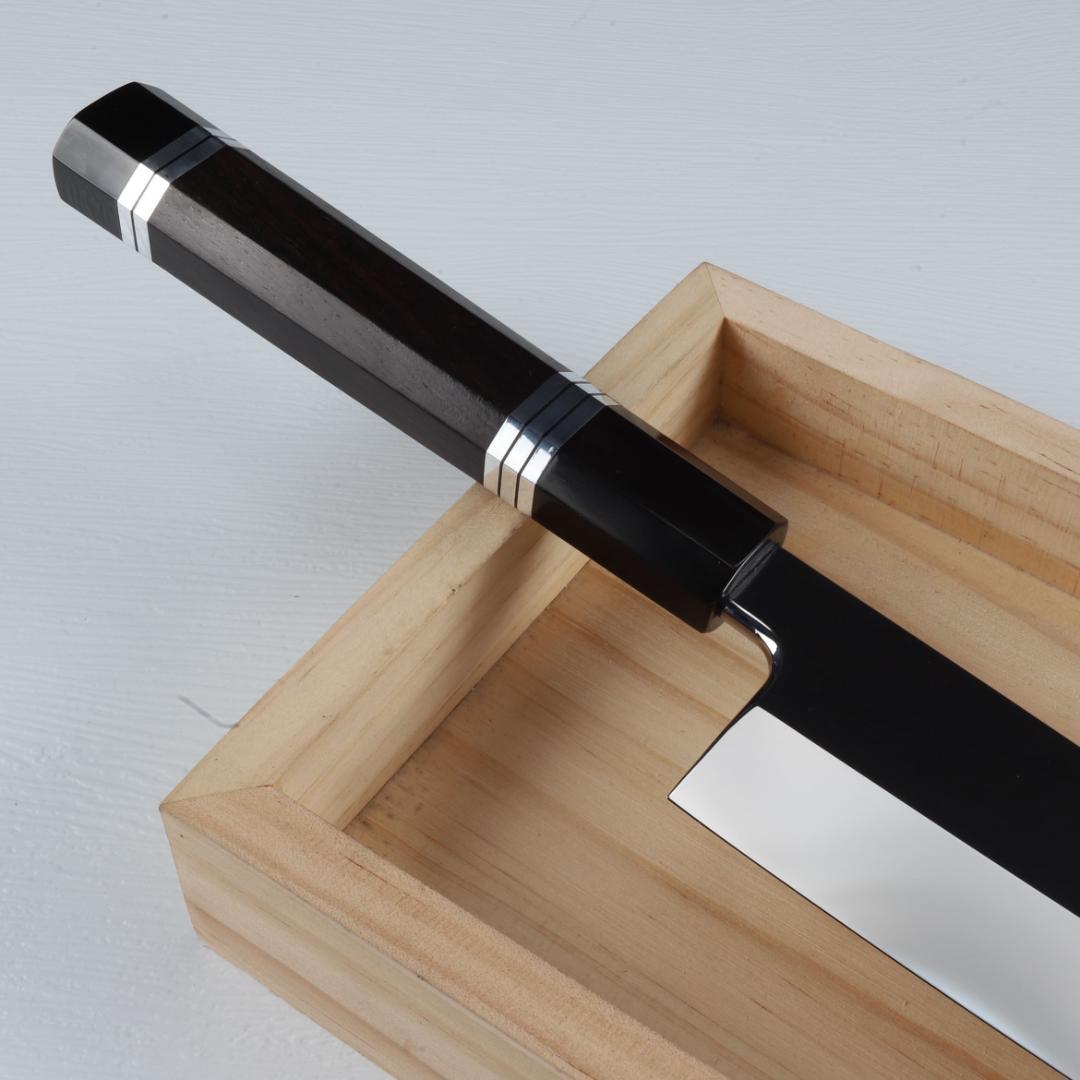 7314 切付包丁 尺一 ウルトラ鏡面仕上げ 刺身包丁 黒檀五本銀巻八角柄