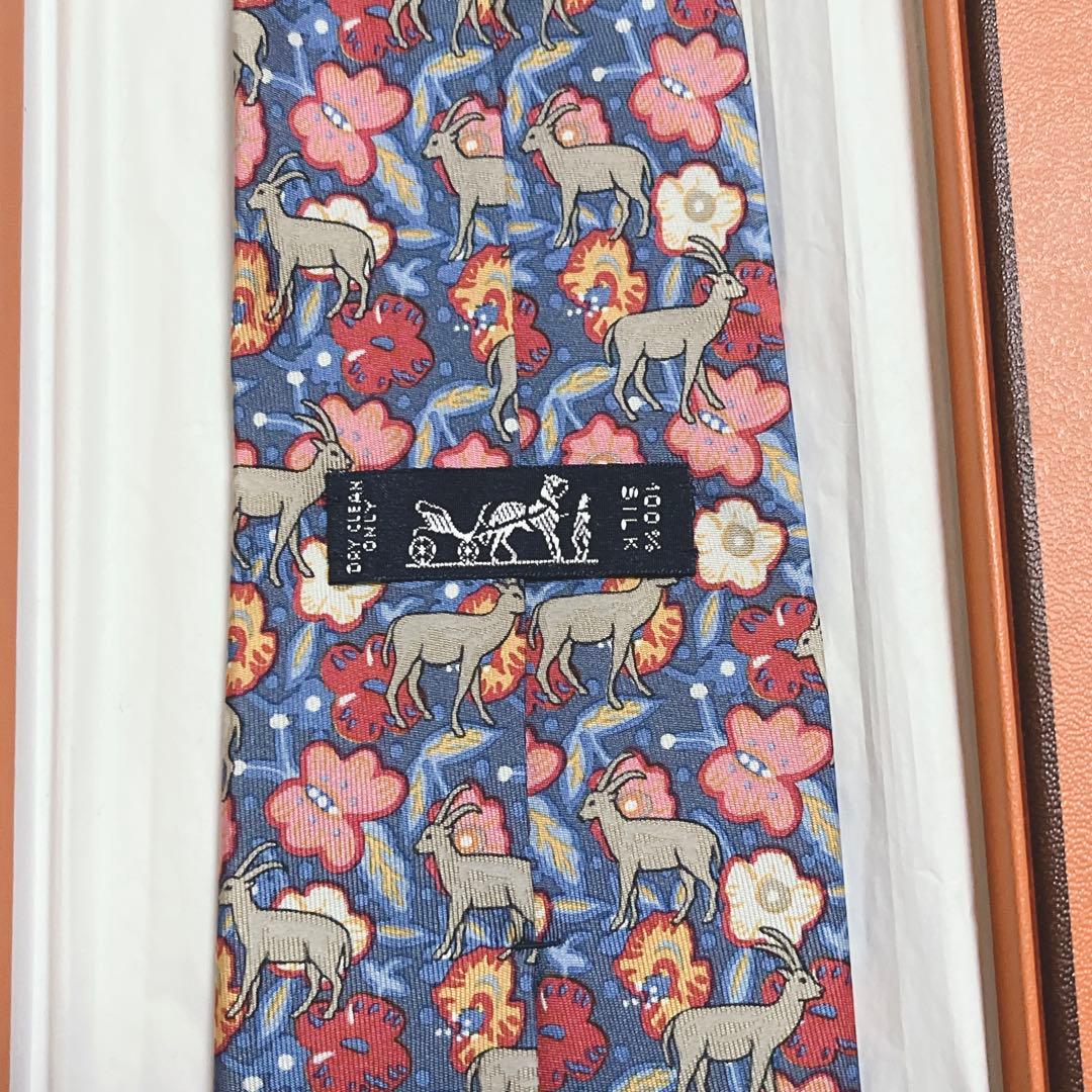 極美品 エルメス ネクタイ シルク フラワー ガゼル 動物 カラフル アート柄