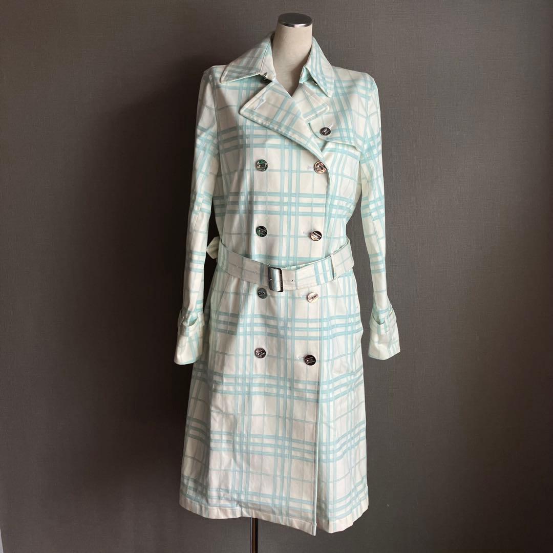 バーバリーロンドン　トレンチコート　ロング丈　総柄38　ノバチェック　グリーン