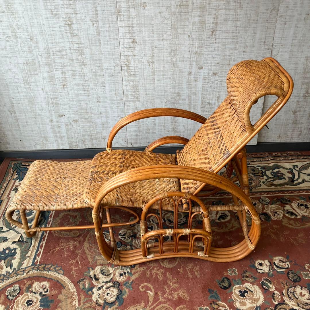 ビンテージ ラタンリクライニングチェア オットマン付き 籐家具 1人掛けソファー