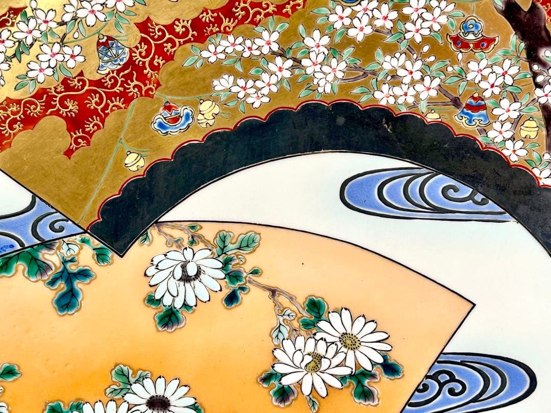 稀少 明治九谷の第一人者 松本佐平 松雲堂 五彩手流水草花文大皿 九谷焼