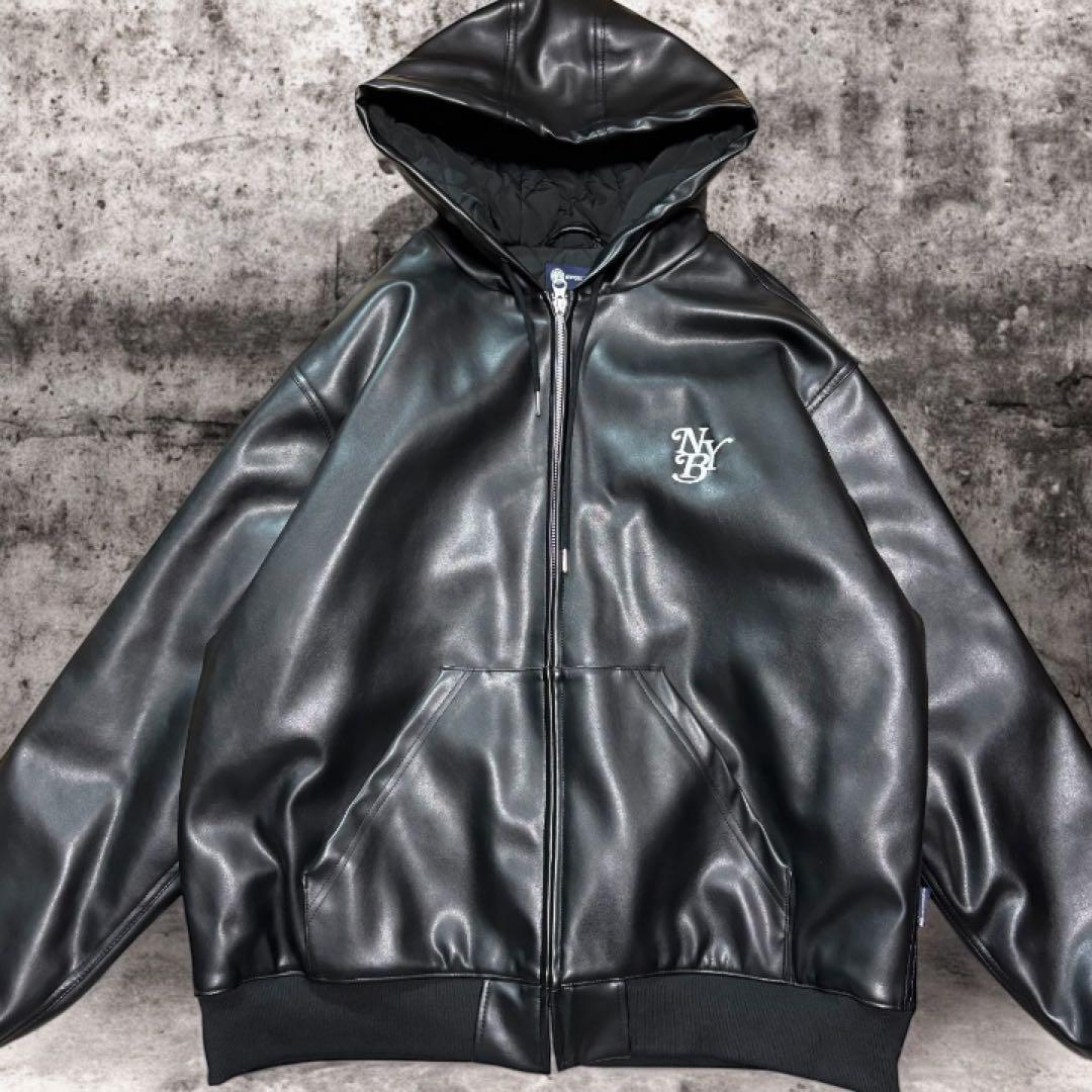 美品 ニューヨークバースト ブラック レザージャケット ライダーズ フード