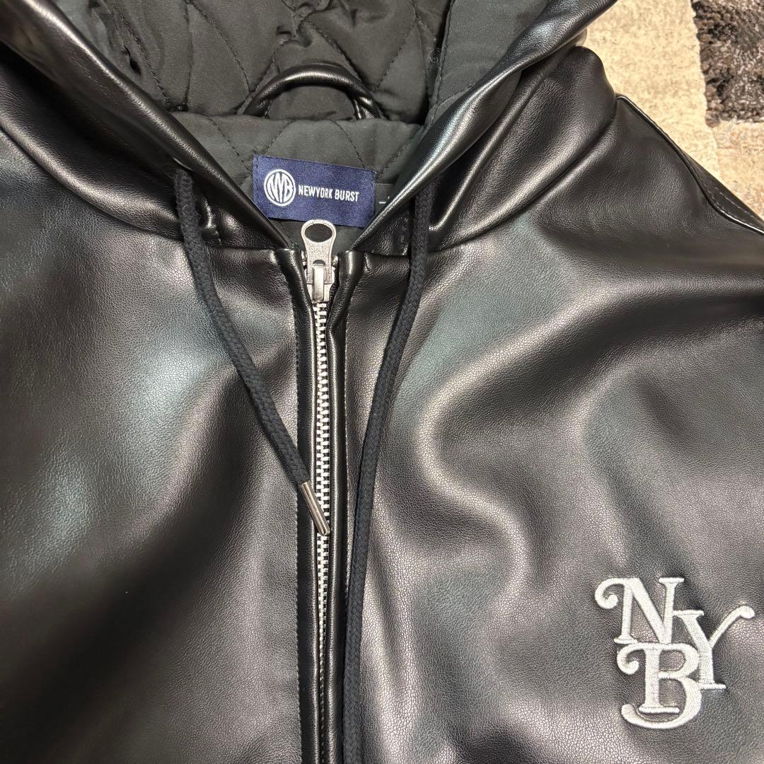 美品 ニューヨークバースト ブラック レザージャケット ライダーズ フード