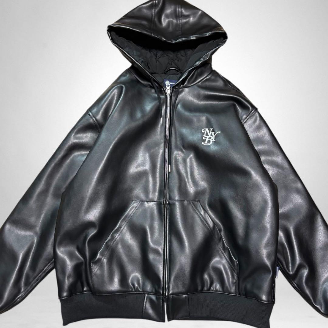 美品 ニューヨークバースト ブラック レザージャケット ライダーズ フード