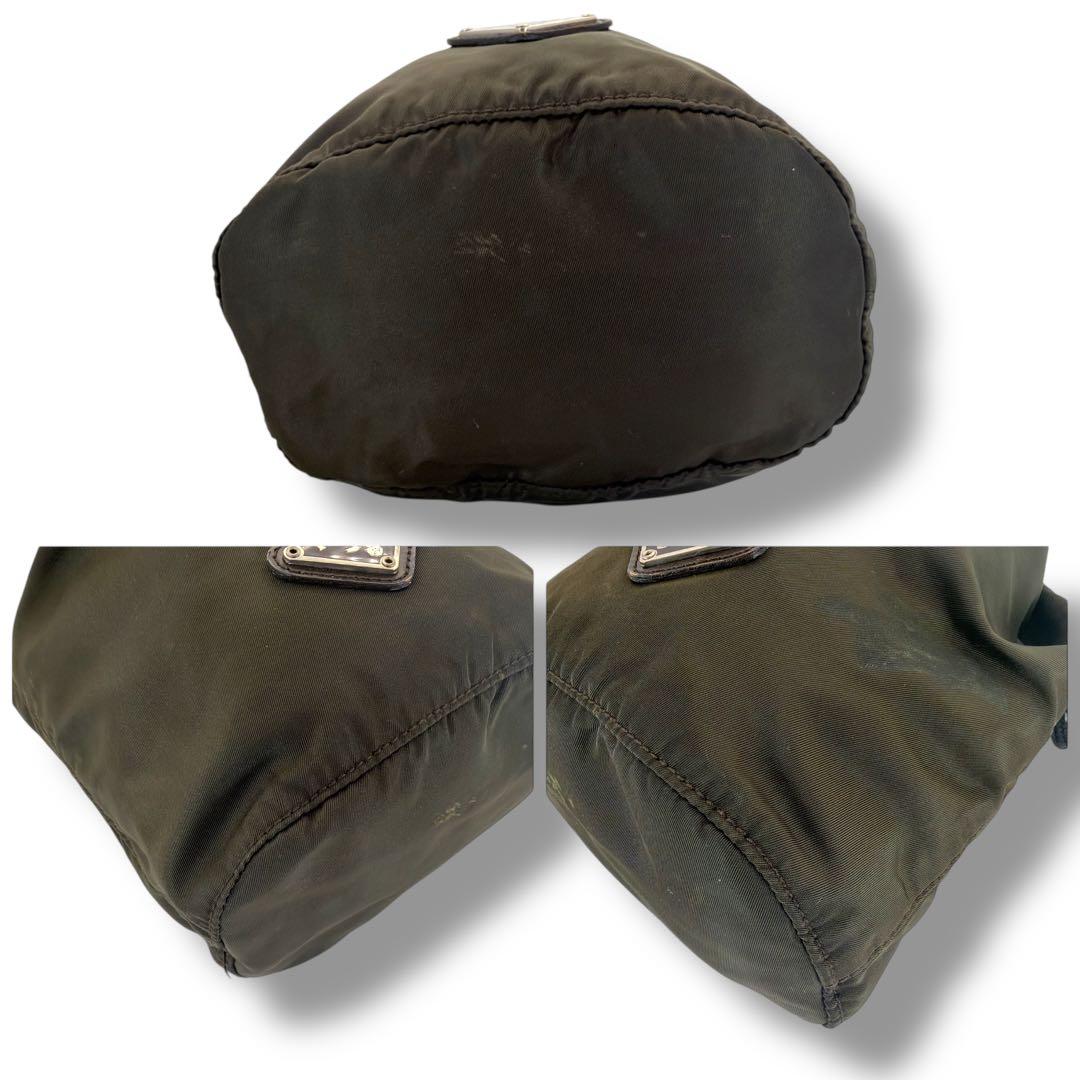 良品 PRADA 巾着ポーチ カーキ ヴィンテージ ナイロン 三角ロゴ