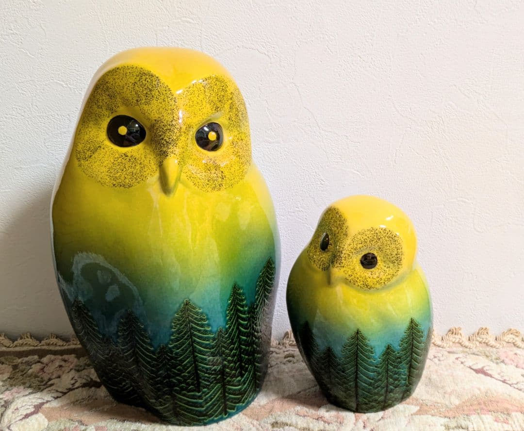 九谷五三郎 親子ふくろう 陶器 木立 鳥 置物 縁起物 インテリア 2個セット