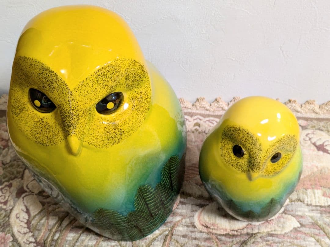 九谷五三郎 親子ふくろう 陶器 木立 鳥 置物 縁起物 インテリア 2個セット