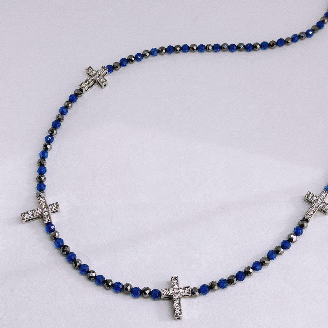 AAAサファイア3mm&テラヘルツ3mmメタルクロスネックレス54cm 誠実冷静