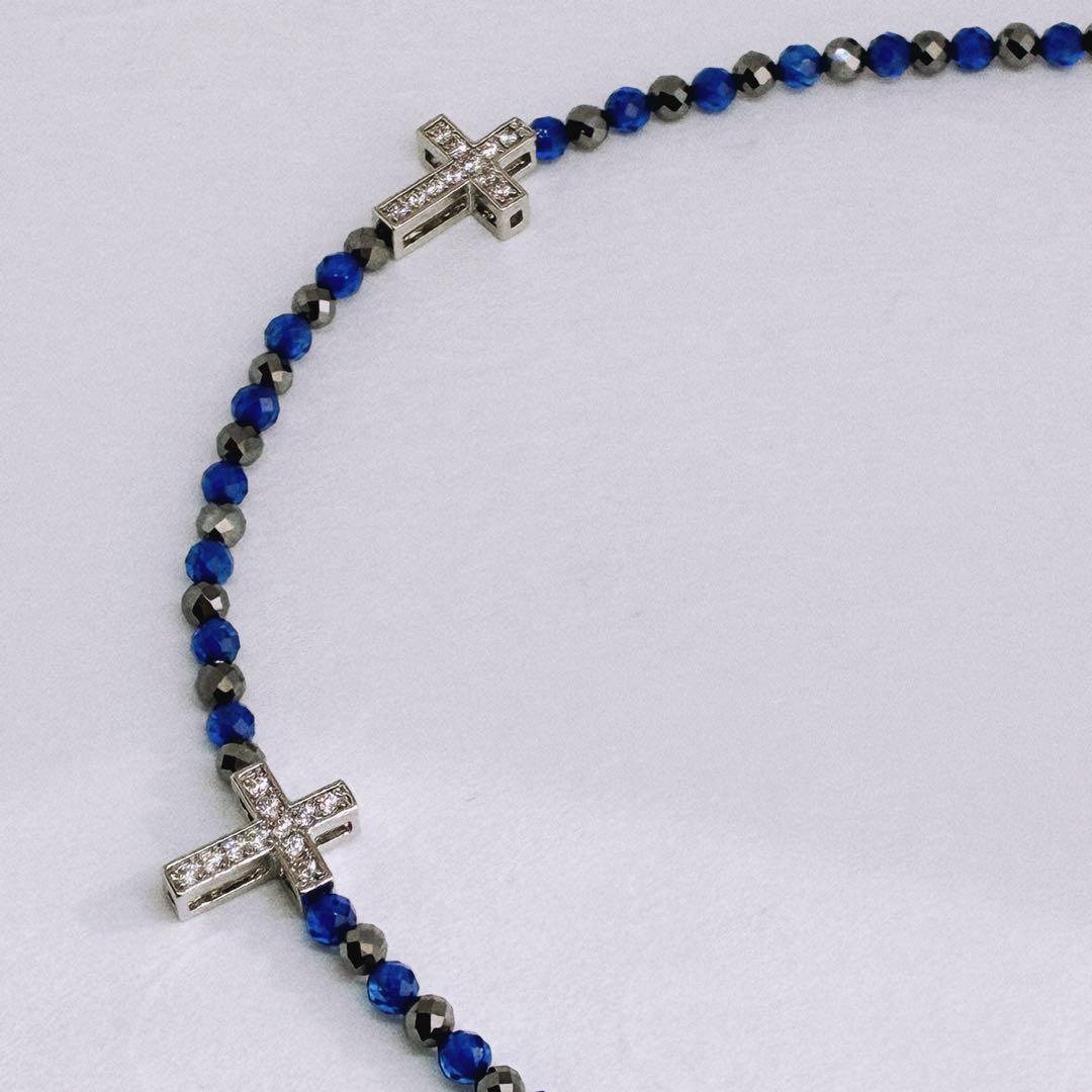 AAAサファイア3mm&テラヘルツ3mmメタルクロスネックレス54cm 誠実冷静