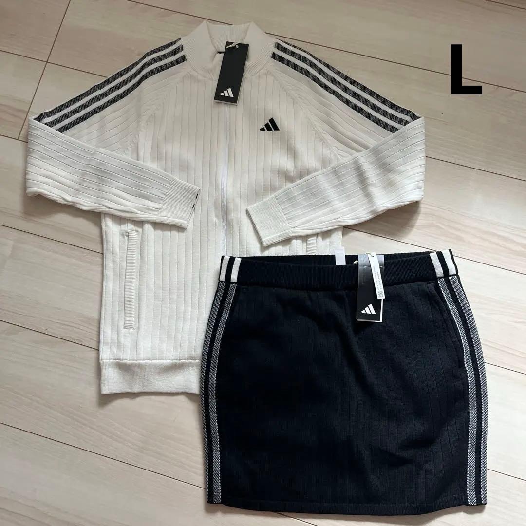 新品　アディダス　ゴルフ　防風　ニット　ジャケット／スカート　上下　L 白黒