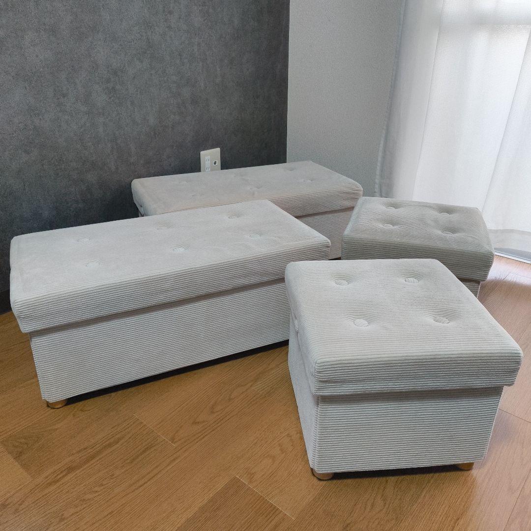 収納付きベンチスツール アイボリー コーデュロイ調 オットマン 4点セット