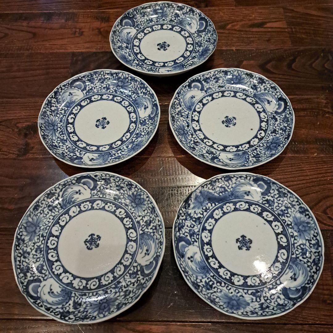 古伊万里　6寸皿　染付　角福　5客　呉須　五弁花　ブルー　有田焼