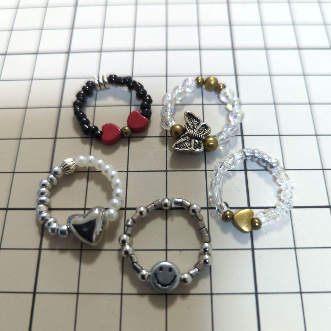 画面画面ハンドメイド にこちゃんスマイリーリング他指輪5点セット BB-51