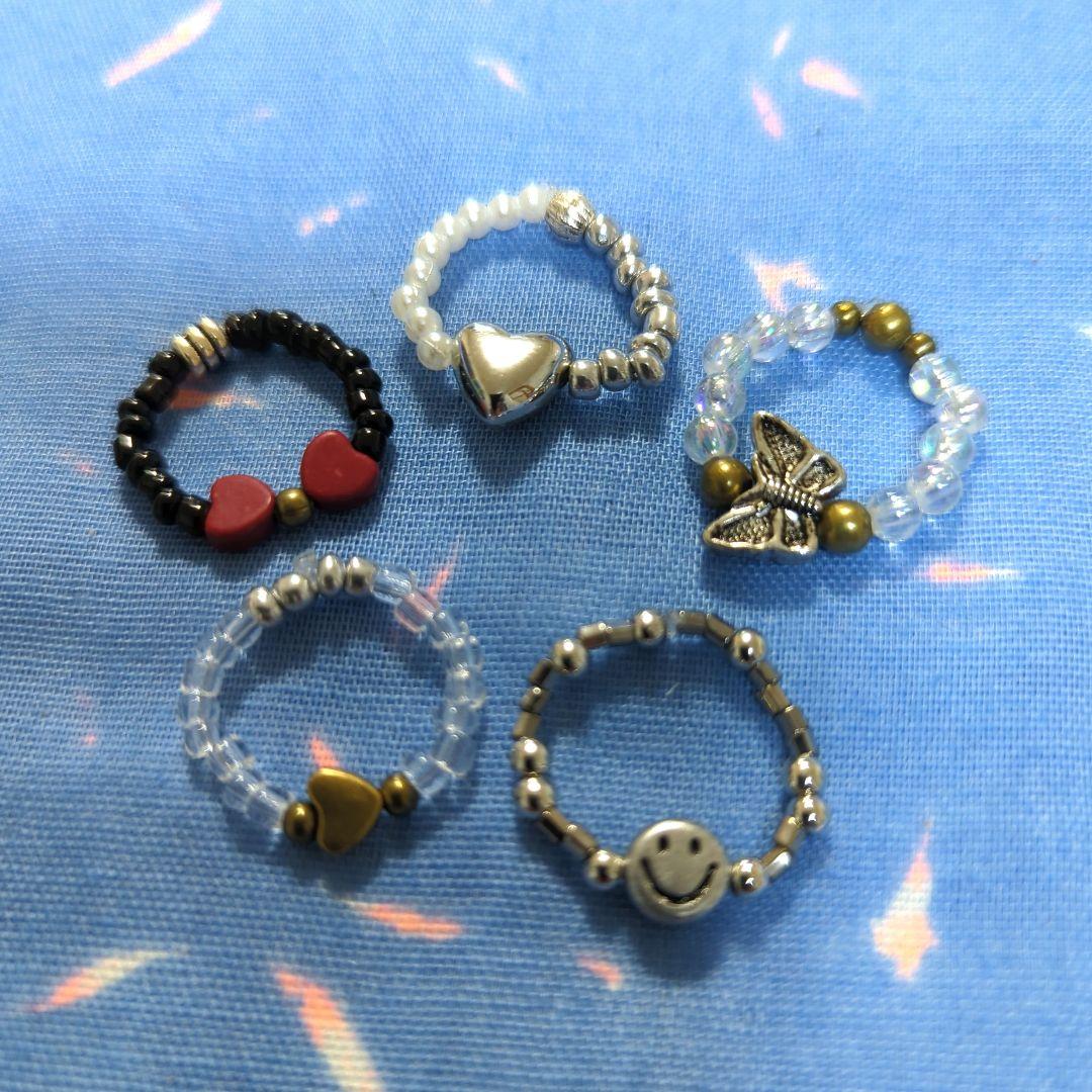 画面画面ハンドメイド にこちゃんスマイリーリング他指輪5点セット BB-51