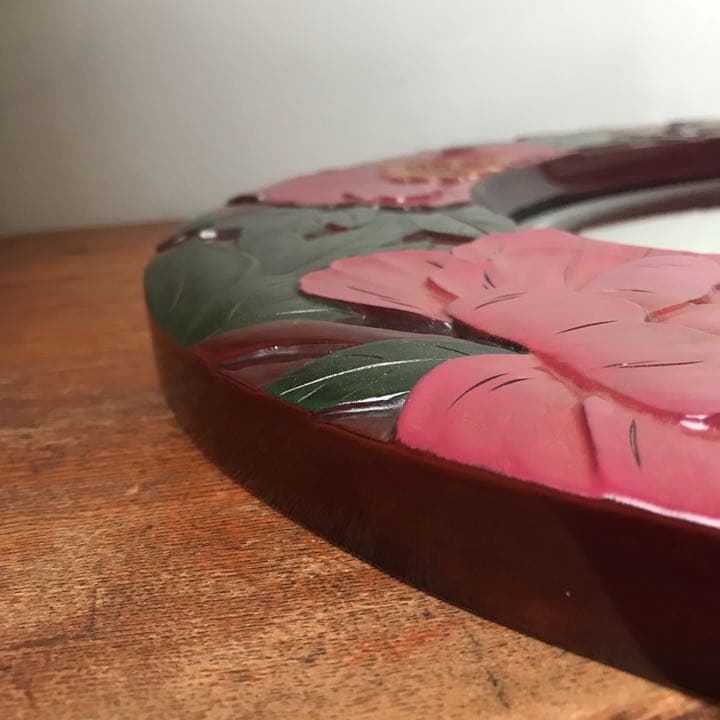 壁掛け鏡 木製 漆 花 彫刻 オーバル 楕円 和 工芸　ミラー