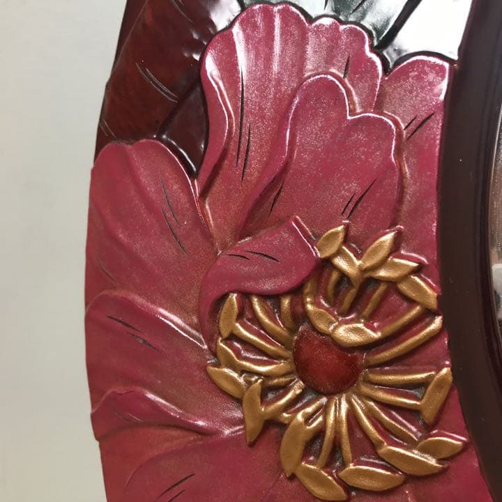 壁掛け鏡 木製 漆 花 彫刻 オーバル 楕円 和 工芸　ミラー