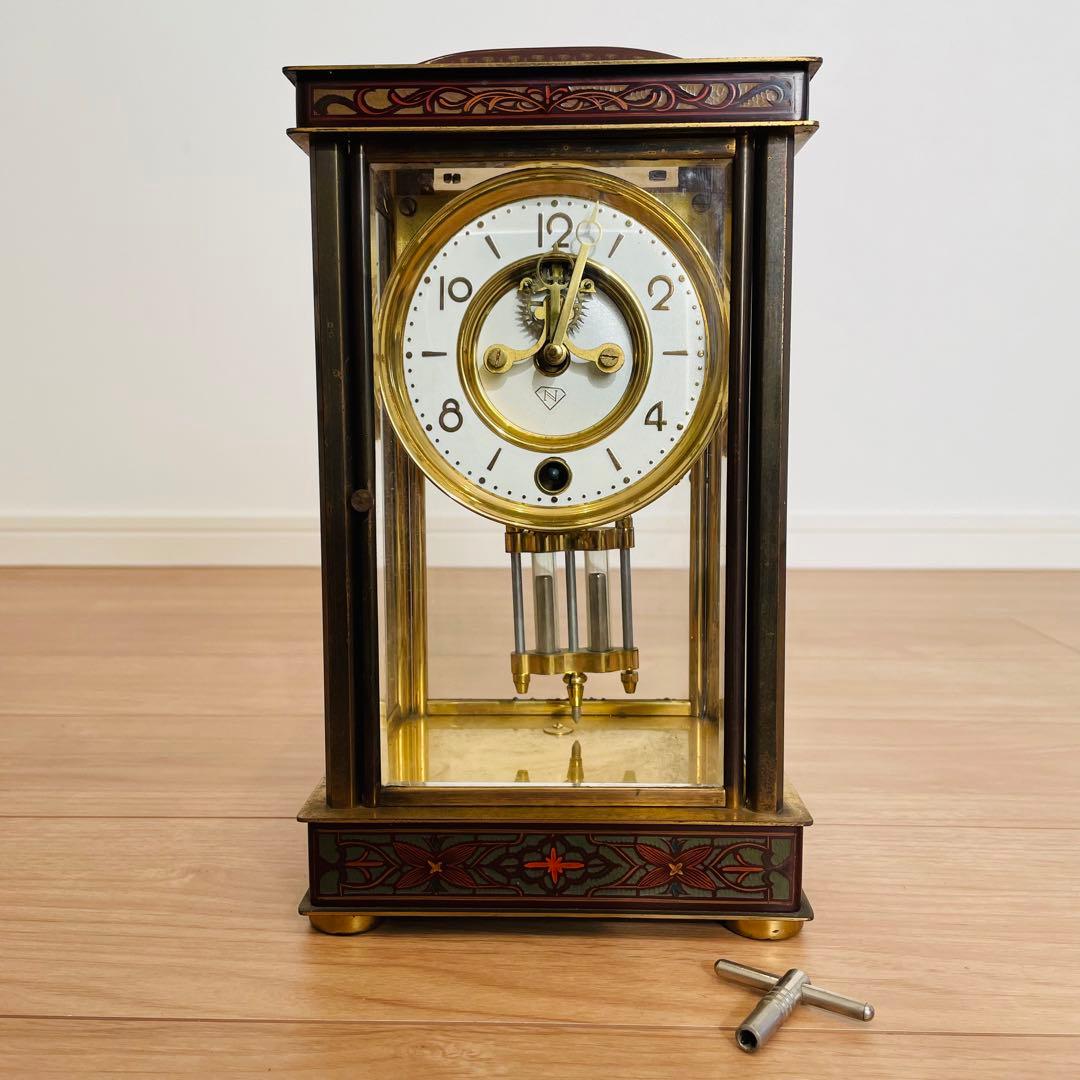 日本美術時計 置時計 Nマーク 四面ガラス ゼンマイ式 アンティーク 昭和レトロ