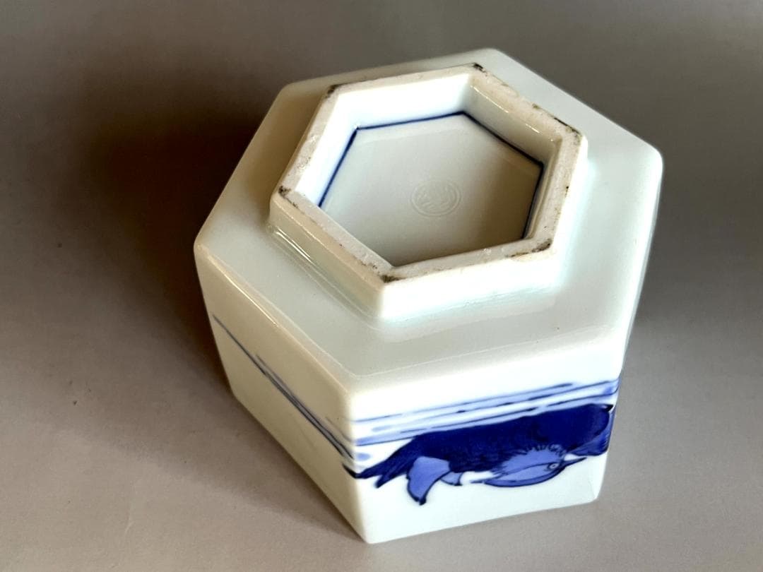 鉢■染付鴨図六角鉢 浮き草 水辺 青華 江戸後期 古美術 時代物 骨董品■