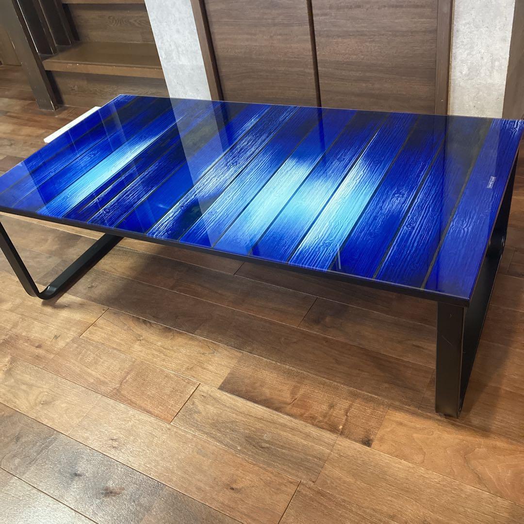 貴重✨️天板強化ガラス 青い木目調 黒い金属製フレーム モダン コーヒーテーブル