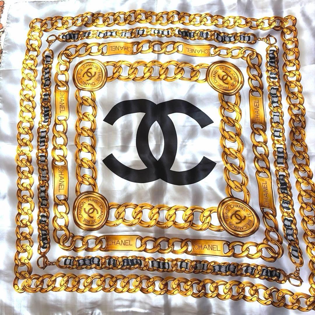 希少 CHANEL シャネル シルク チェーンモチーフココマーク スカーフ