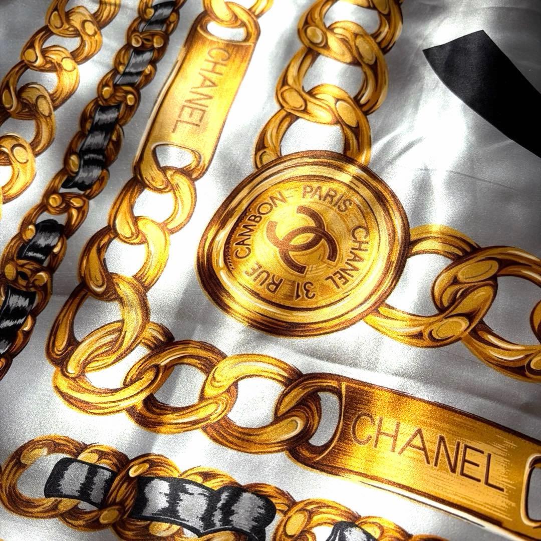 希少 CHANEL シャネル シルク チェーンモチーフココマーク スカーフ