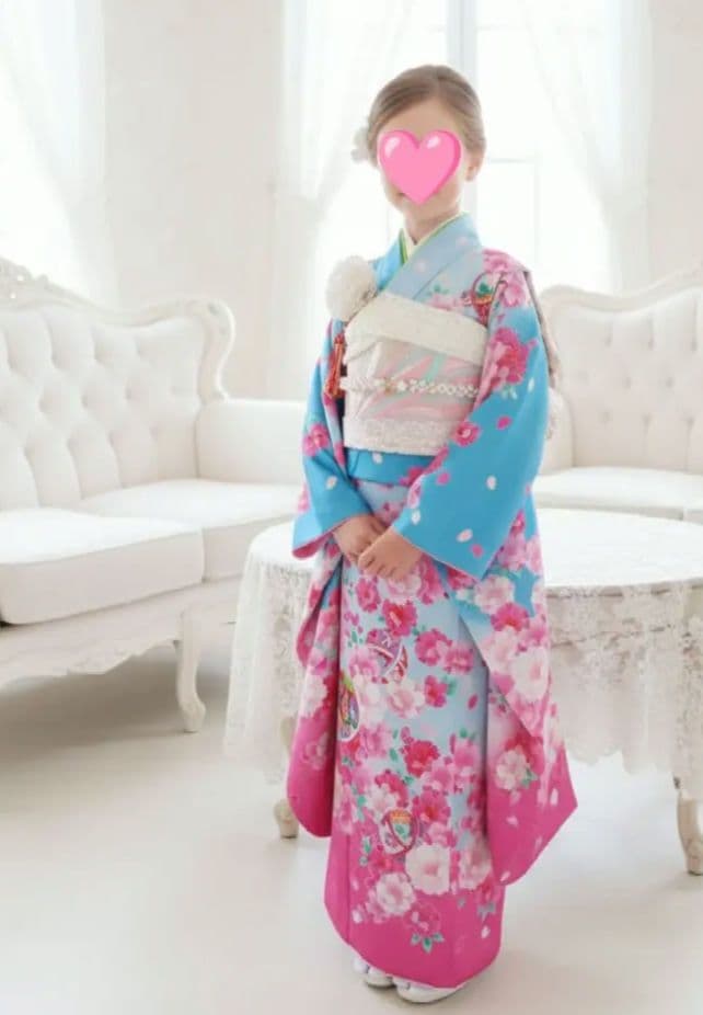 正絹☆ブルーピンクの着物にキラキラ作り帯セット
