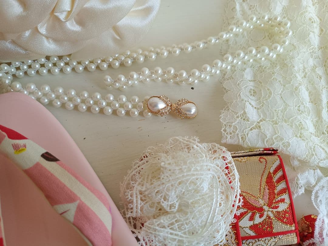 正絹☆ブルーピンクの着物にキラキラ作り帯セット