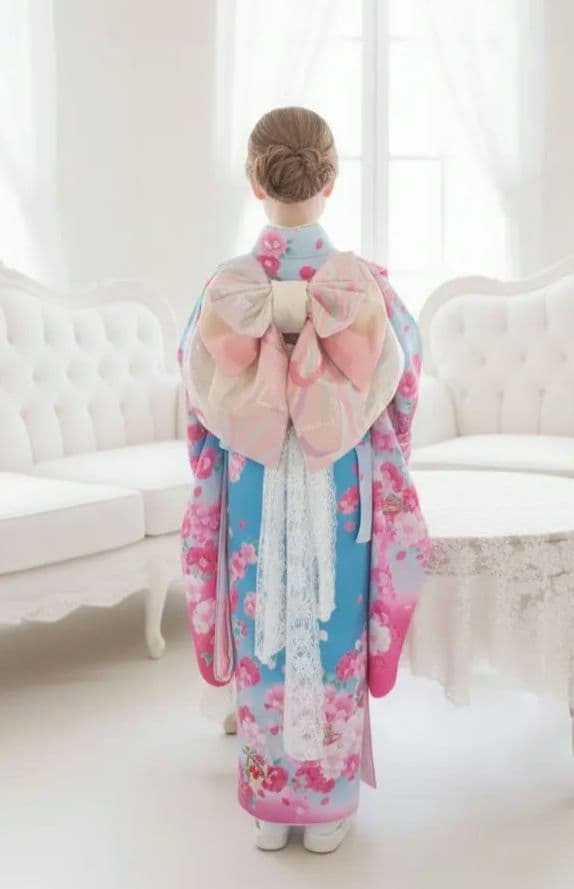 正絹☆ブルーピンクの着物にキラキラ作り帯セット