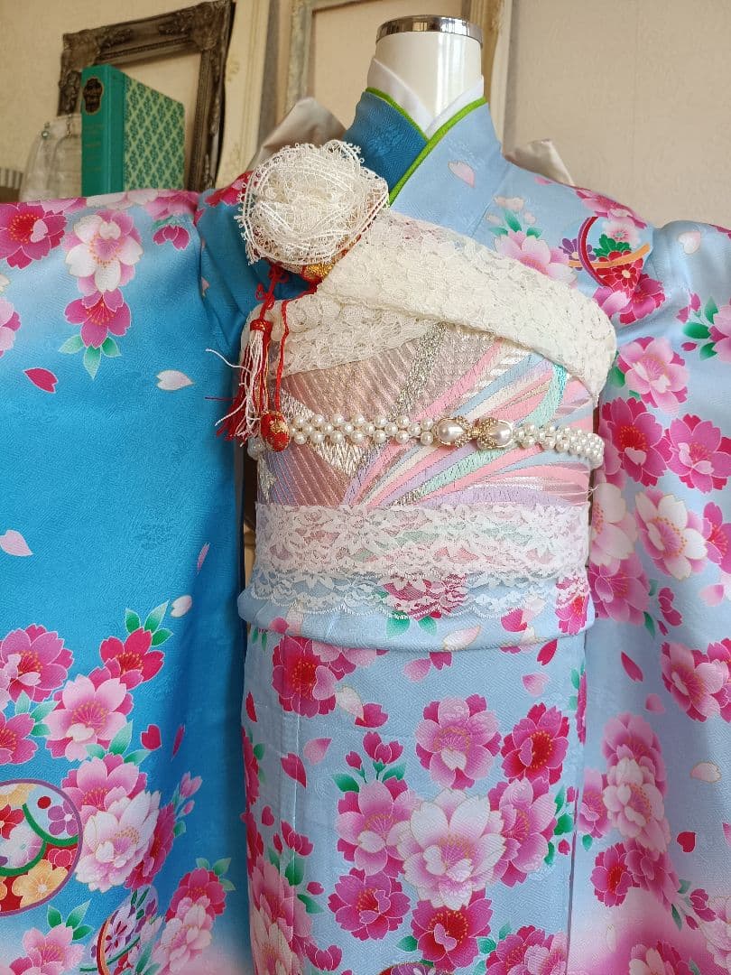 正絹☆ブルーピンクの着物にキラキラ作り帯セット