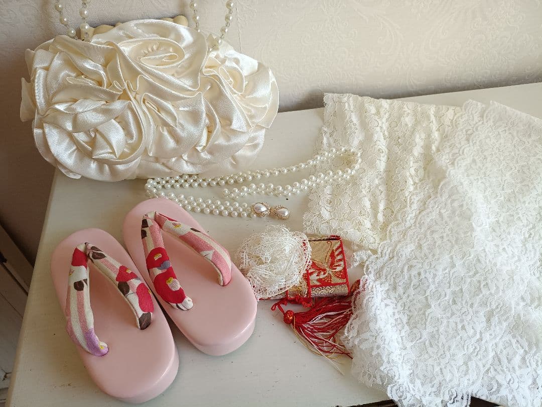 正絹☆ブルーピンクの着物にキラキラ作り帯セット